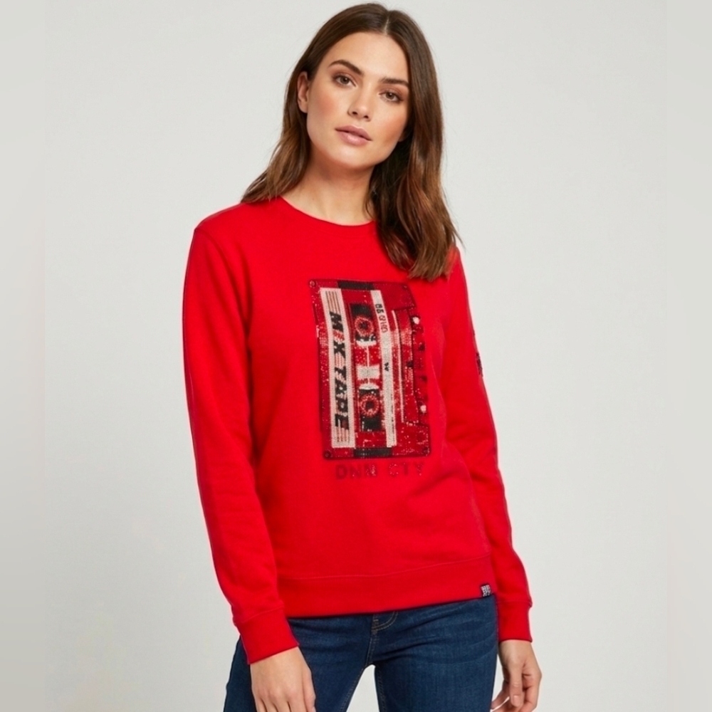Denim City Rhinestone Mix Tape Red Sweatshirt Women's Size Large RARE
